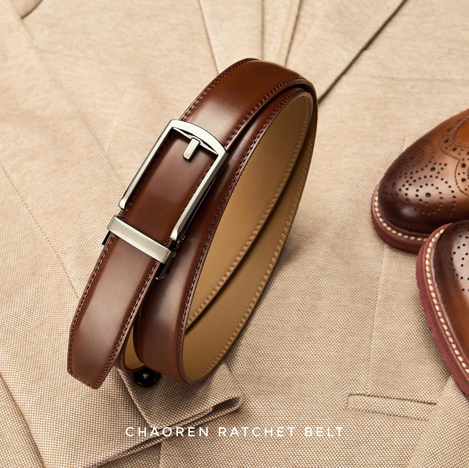 image:imageCHAOREN Mens Dress Belt 1 14 Leather Ratchet Belt Comfort ClickCognac