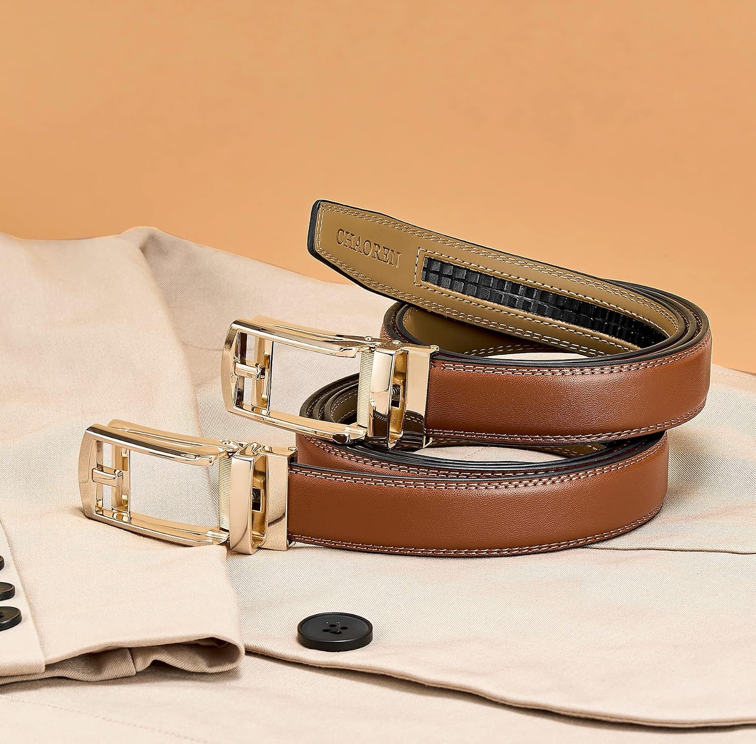 image:imageCHAOREN Mens Dress Belt 1 14 Leather Ratchet Belt Comfort ClickGolden Buckle Tan