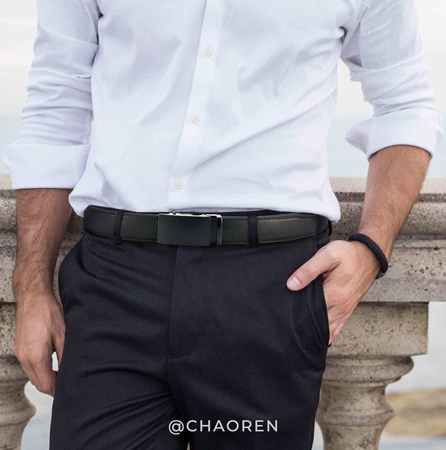 image:imageCHAOREN Mens Leather Ratchet Belt 1 38 for Dress PantsBlack