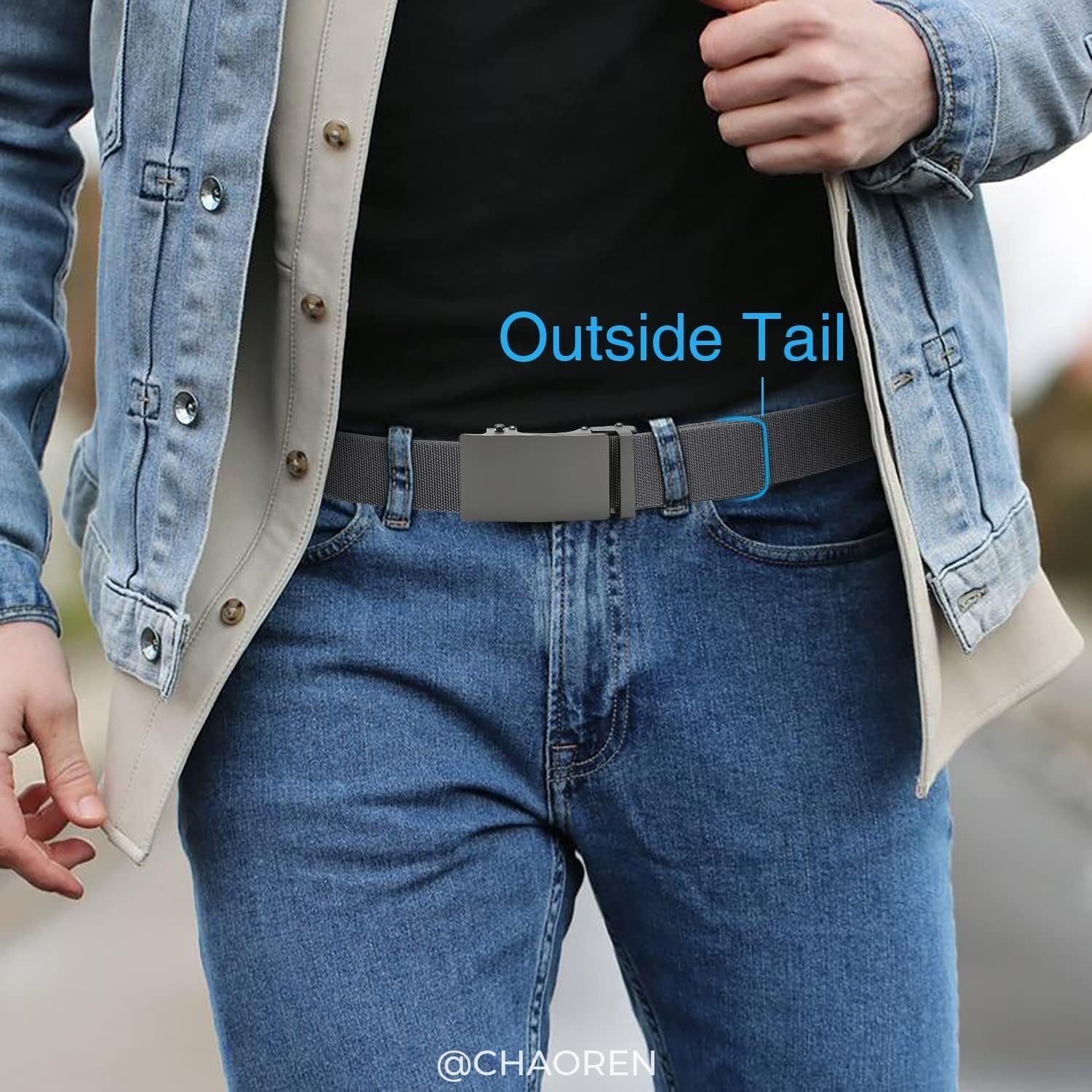 image:imageCHAOREN Mens Belt Stretchable Elastic Golf Nylon Web Adjustable BeltDmatted GunGrey