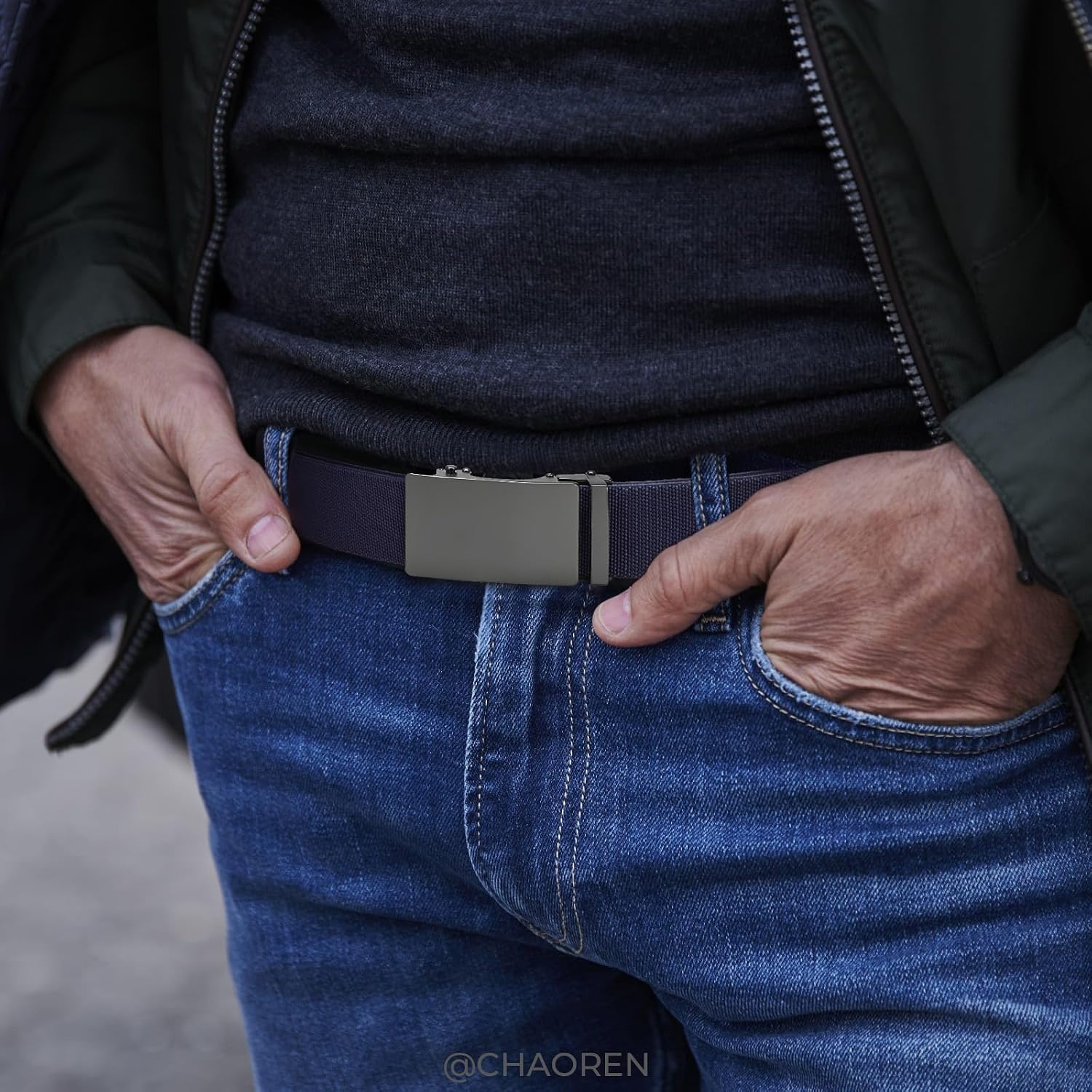 image:imageCHAOREN Mens Belt Stretchable Elastic Golf Nylon Web Adjustable BeltEmatted GunBlue