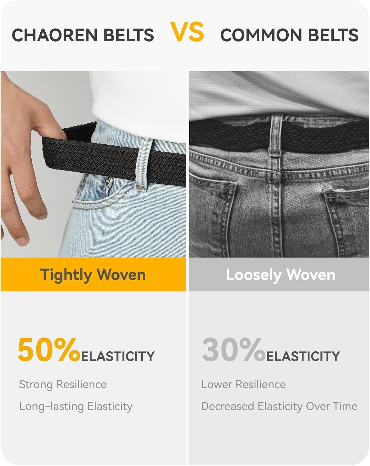 image:imageCHAOREN Stretch Belts for Men 2 Pack Elastic Belt for Golf amp Casual WearBlack Beige