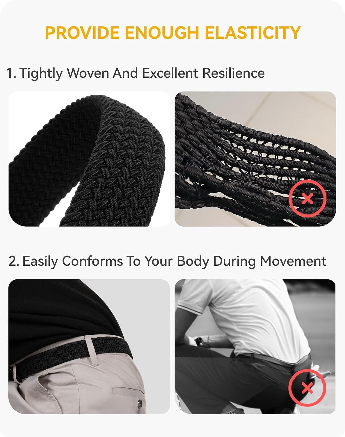 image:imageCHAOREN Stretch Belts for Men 2 Pack Elastic Belt for Golf amp Casual WearBlack Deep Brown