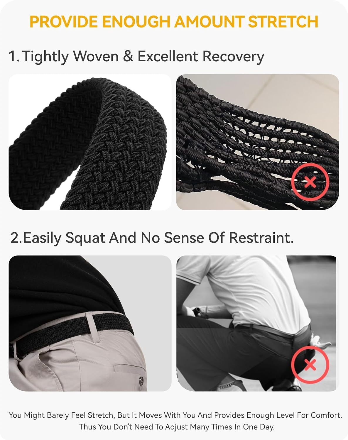 image:imageCHAOREN Stretch Belts for Men 2 Pack Elastic Belt for Golf amp Casual WearBlack Grey