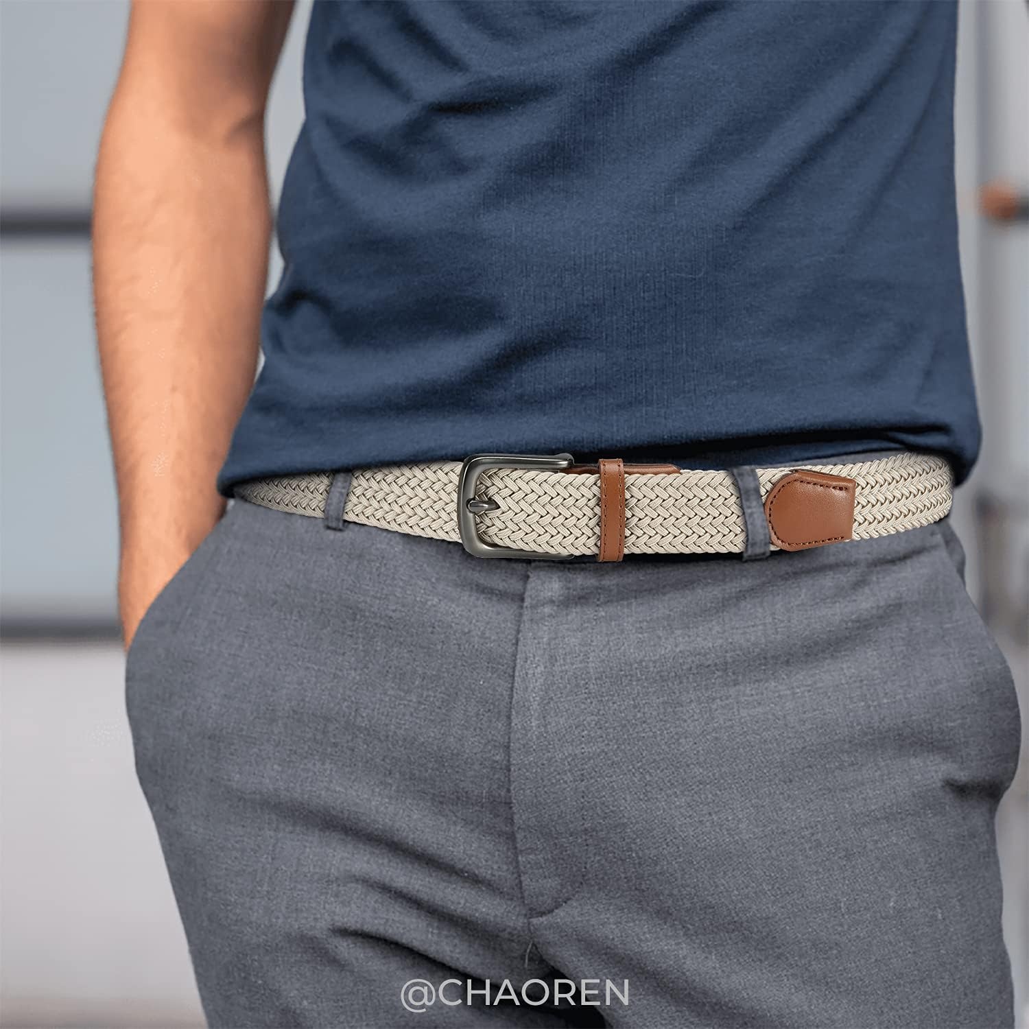 image:imageCHAOREN Stretch Belts for Men 2 Pack Elastic Belt for Golf amp Casual WearBlack Khaki