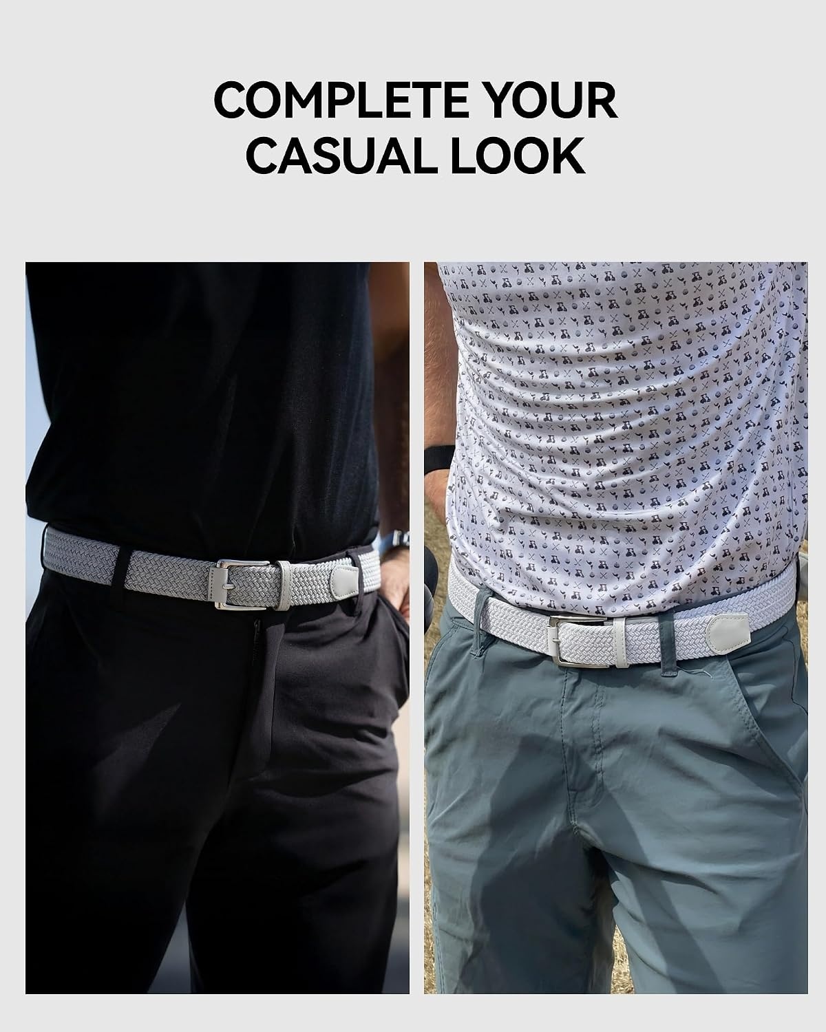 image:imageCHAOREN Stretch Belts for Men 2 Pack Elastic Belt for Golf amp Casual WearWhite Grey