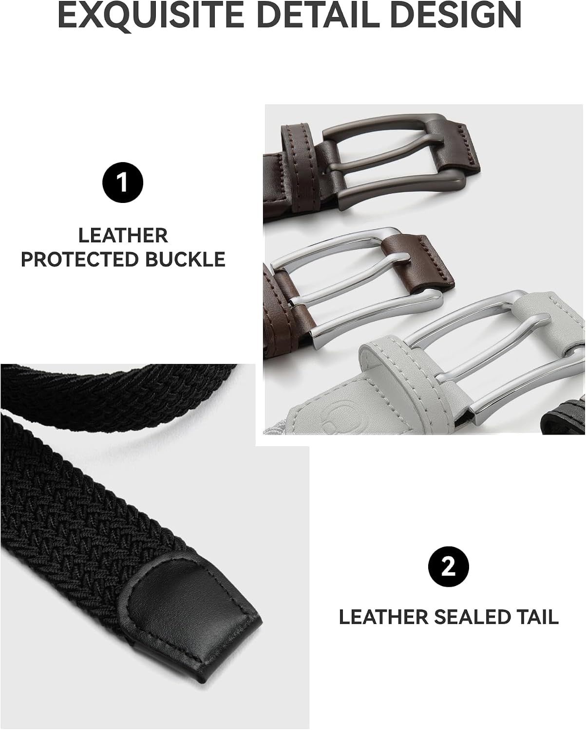 image:imageCHAOREN Stretch Belts for Men 2 Pack Elastic Belt for Golf amp Casual WearWhite Grey