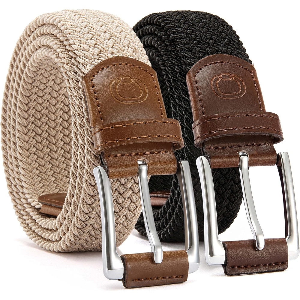 image:imageCHAOREN Stretch Belts for Men 2 Pack Elastic Belt for Golf amp Casual WearBeige Black
