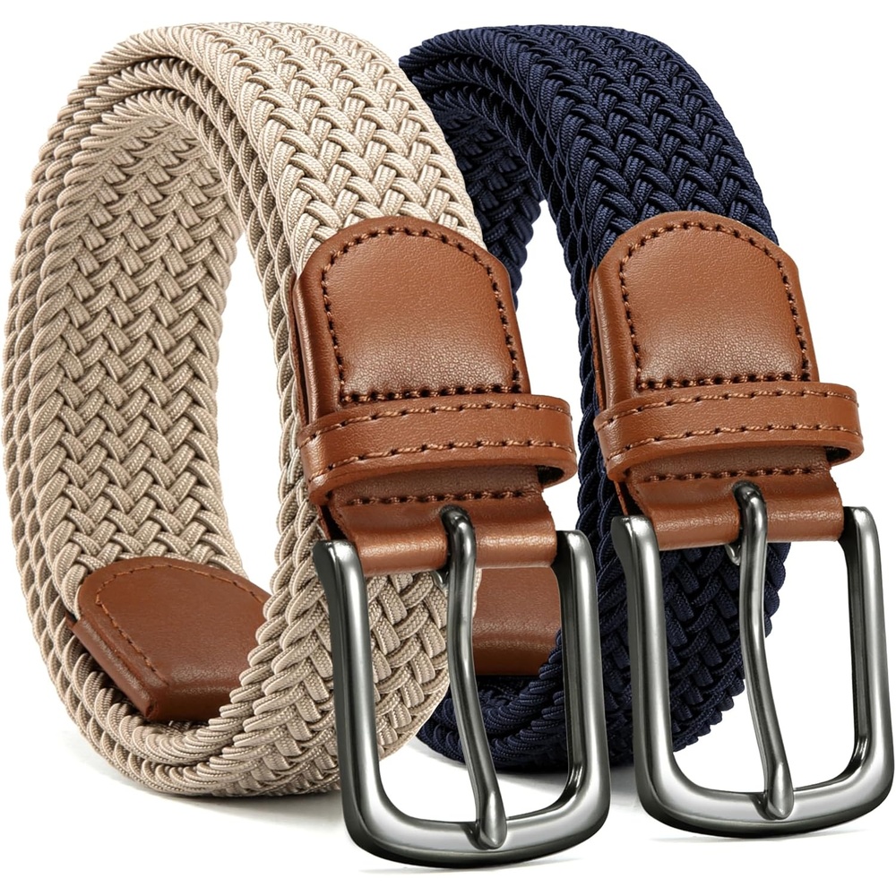 image:imageCHAOREN Stretch Belts for Men 2 Pack Elastic Belt for Golf amp Casual WearNavy Blue Khaki