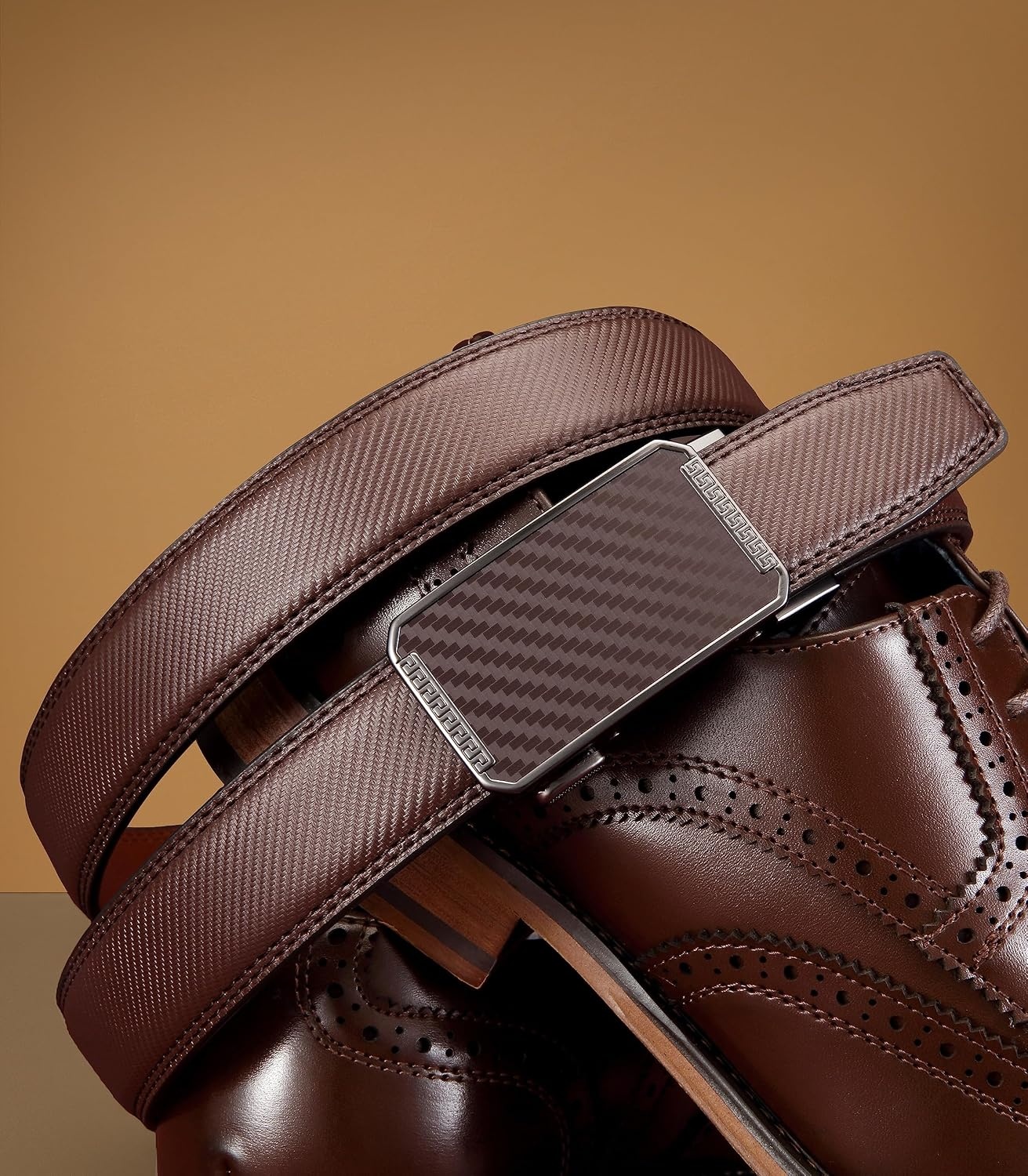 image:imageCHAOREN Leather Ratchet Belt for Men Mens Dress belt Customizable FitBrown