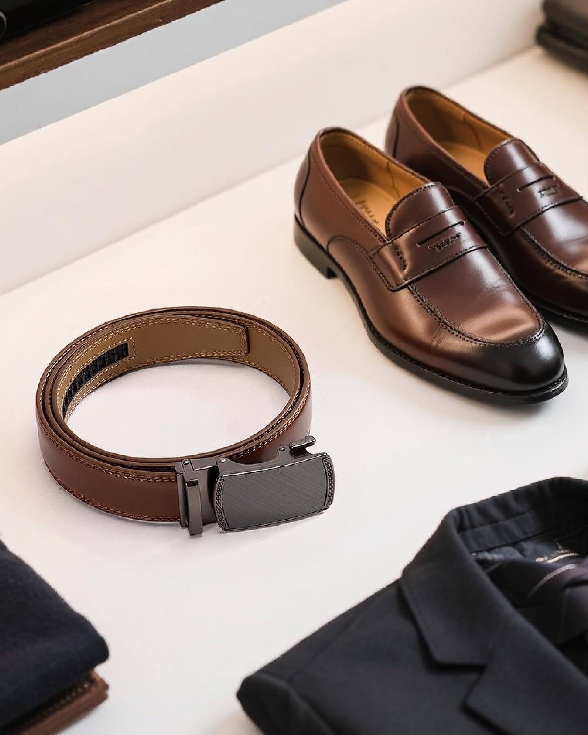 image:imageCHAOREN Leather Ratchet Belt for Men Mens Dress belt Customizable FitCharcoal Depiction Cognac