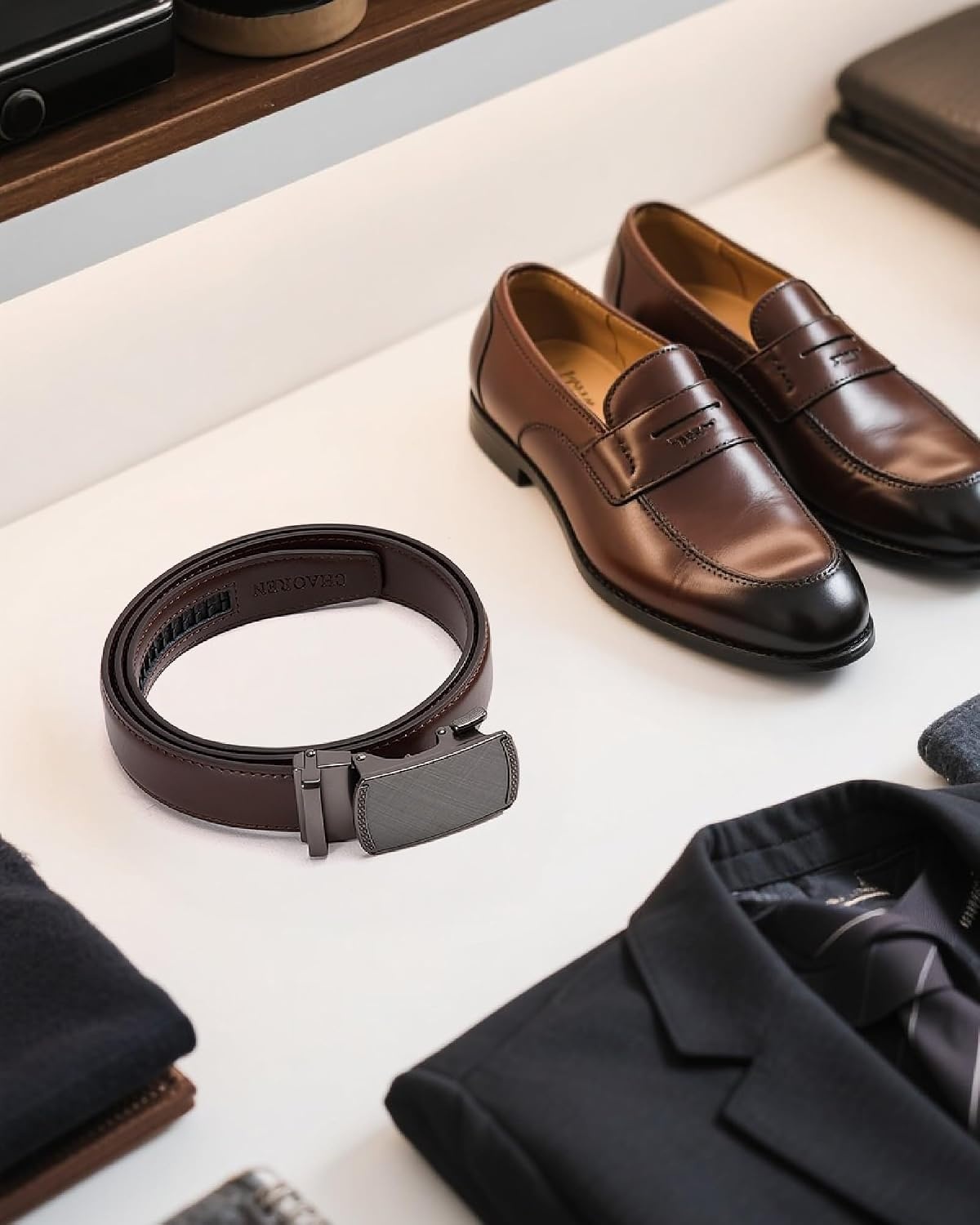 image:imageCHAOREN Leather Ratchet Belt for Men Mens Dress belt Customizable FitCharcoal Depiction Drak Brown