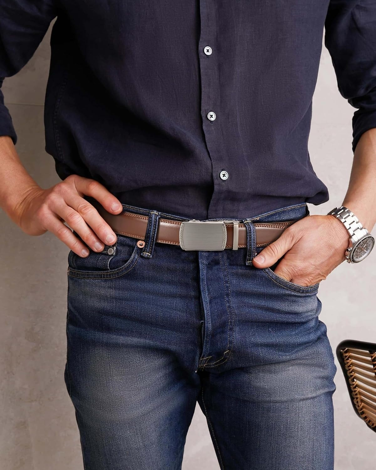 image:imageCHAOREN Leather Ratchet Belt for Men Mens Dress belt Customizable FitSlash Basic Brown