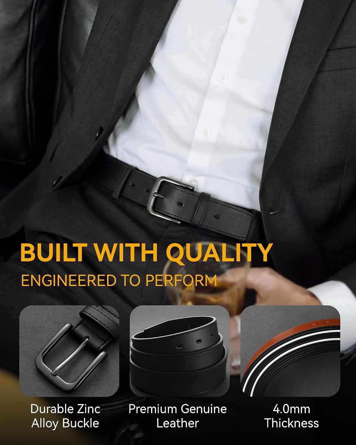 image:imageCHAOREN Mens Belts Leather 35mm for Jeans Tough at Work Sharp DailyTan Silver