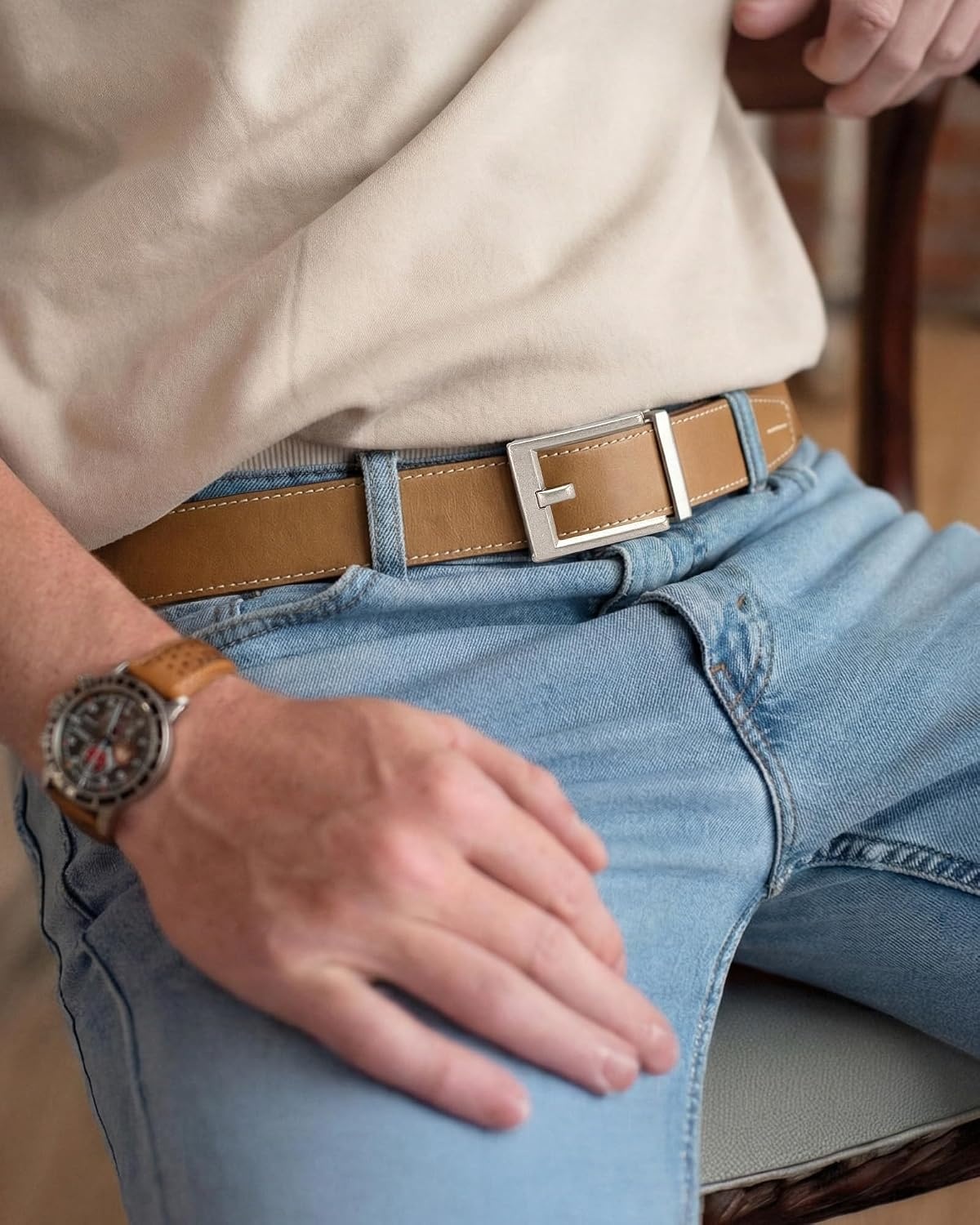 image:imageCHAOREN Mens Ratchet Belt 15 Mens Belt Leather for Casual JeansCognac