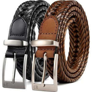 CHAOREN 2 Pack Leather Woven Braided Belts for Men 1 1/8″ – Gift Boxed(Metal Black/Light Brown)