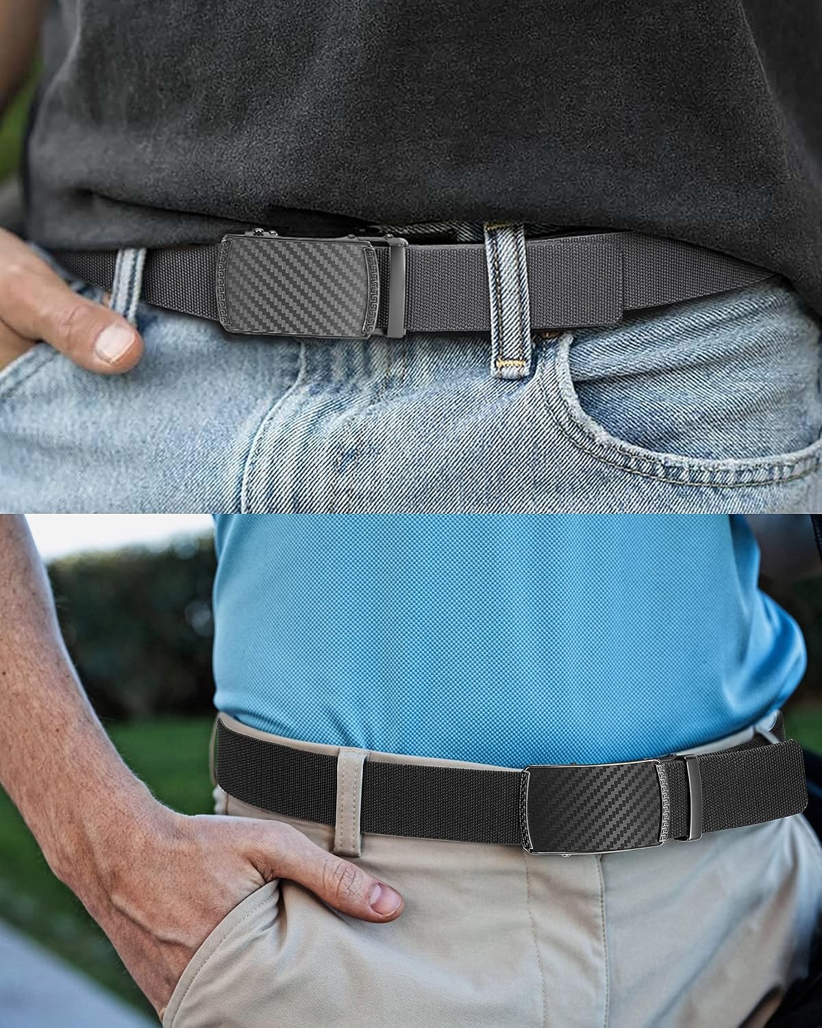 image:imageCHAOREN Mens Ratchet Belt 15 Stretch Nylon Belts for Casual Work GolfTitanium Carbon Black Grey 35mm