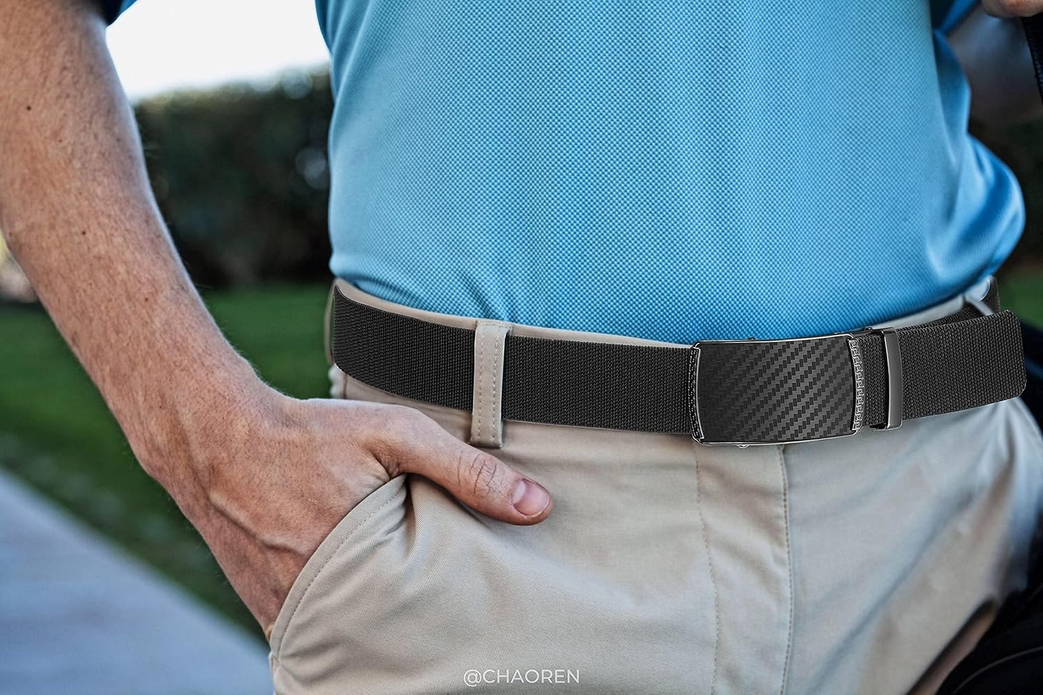 image:imageCHAOREN Mens Ratchet Belt 15 Stretch Nylon Belts for Casual Work GolfTitanium Carbon Black 35mm