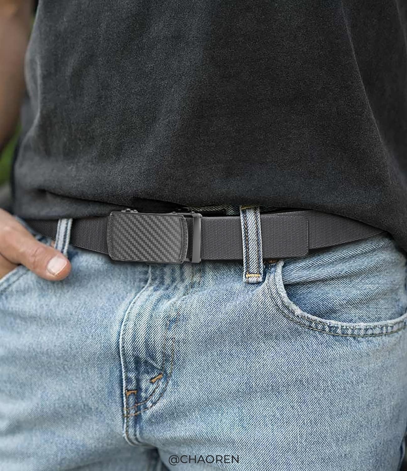image:imageCHAOREN Mens Ratchet Belt 15 Stretch Nylon Belts for Casual Work GolfTitanium Carbon Grey 35mm