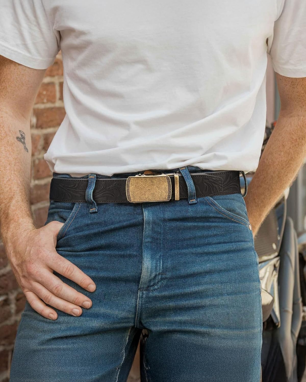 image:imageCHAOREN Leather Ratchet Belt for Men Mens Dress belt 1 38Bronze Gold Full Grain Flower Black