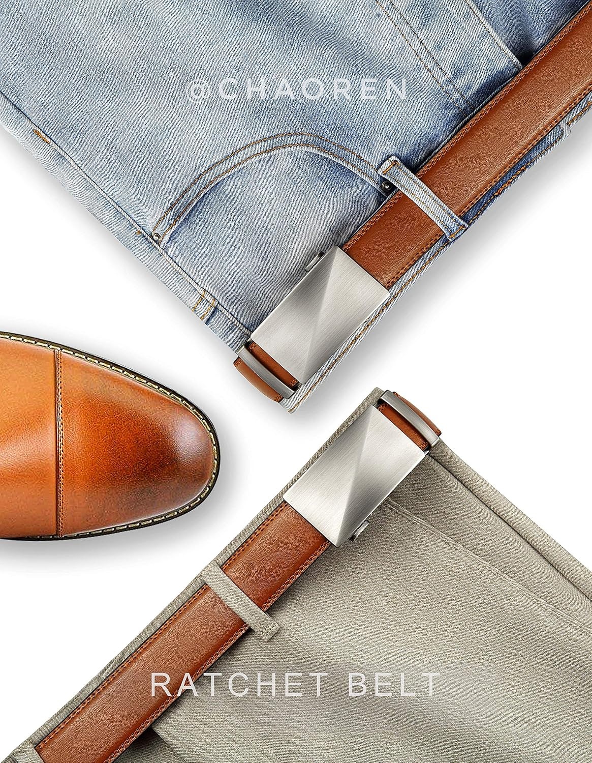 image:imageCHAOREN Leather Ratchet Belt for Men Mens Dress belt 1 38Brushed Tan