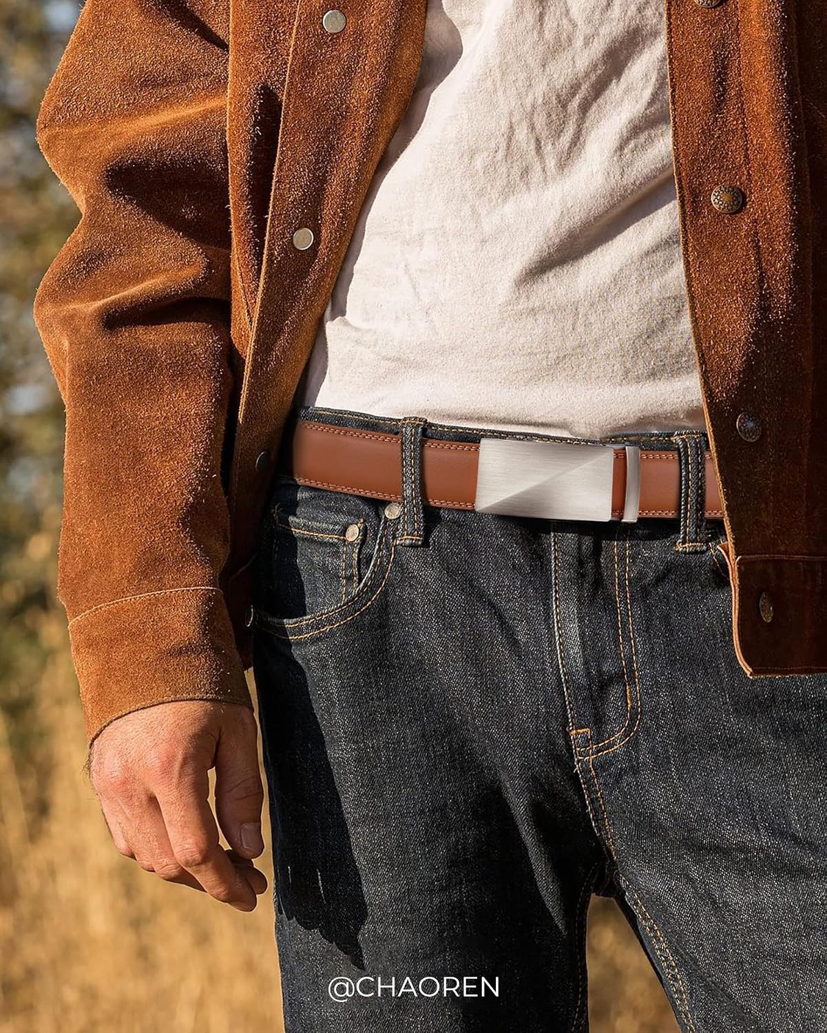 image:imageCHAOREN Leather Ratchet Belt for Men Mens Dress belt 1 38Brushed Tan